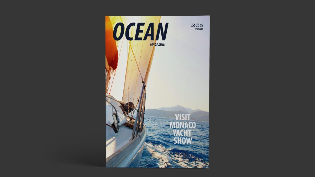 Magazine cover titled "OCEAN MAGAZINE" featuring a sailboat on the ocean, with text promoting the Monaco Yacht Show.