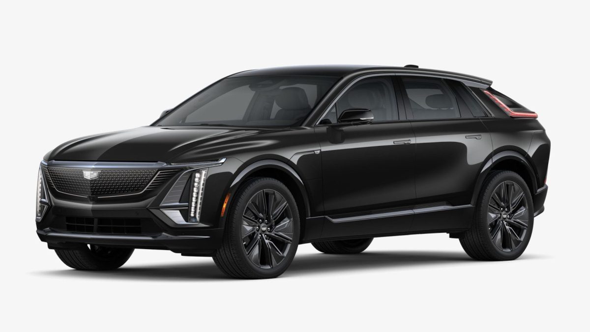 A black Cadillac SUV is shown from a front-side angle on a white background.