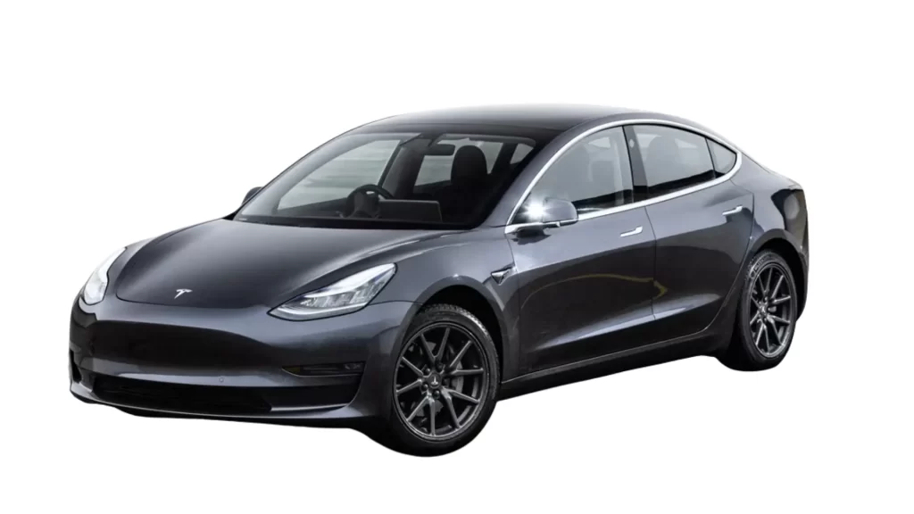 A black Tesla Model 3 electric sedan is shown on a white background, viewed from the front-left side.