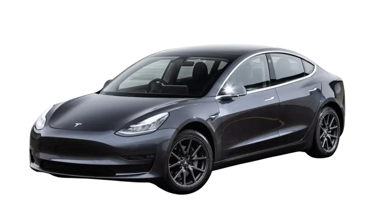 A black Tesla Model 3 electric sedan is shown on a white background, viewed from the front-left side.