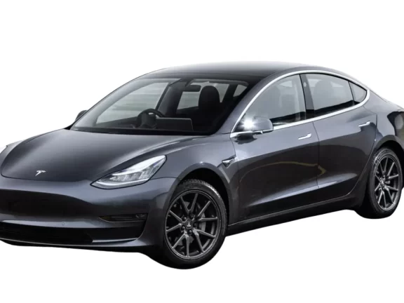 A black Tesla Model 3 electric sedan is shown on a white background, viewed from the front-left side.