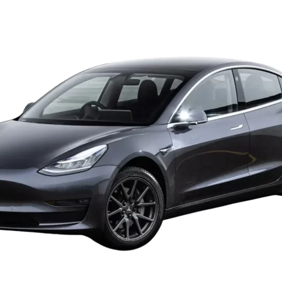 A black Tesla Model 3 electric sedan is shown on a white background, viewed from the front-left side.