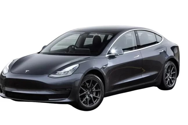 A black Tesla Model 3 electric sedan is shown on a white background, viewed from the front-left side.