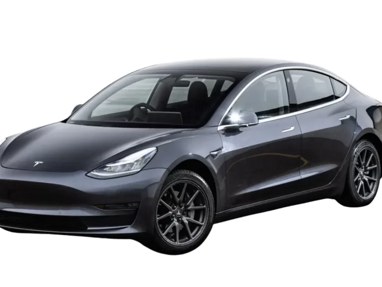 A black Tesla Model 3 electric sedan is shown on a white background, viewed from the front-left side.
